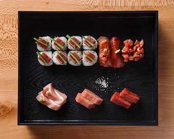 Product: preparations from sashimi to maki show a progression through the different cuts of balfego bluefin tuna: akami (lean loin), chu-toro (medium-fatty), and otoro (fatty belly). 6 pieces sashimi, 4 pieces nigiri, and 1 maki roll - Sushi San - Reservations in River North - Chicago, IL Japanese Restaurants