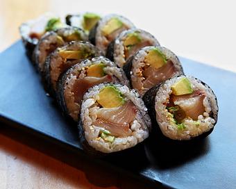 Product: japanese yellowtail is rolled with avocado, cucumber, and yuzu kosho vinaigrette. served with side of wasabi soy. available in 5 or 10 pieces. - Sushi San - Reservations in River North - Chicago, IL Japanese Restaurants