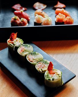 Product: succulent lobster meets our green goddess aioli - flavored by yuzu, basil, mint, and cilantro - all rolled in cucumber with avocado and daikon. 5 pieces per order. - Sushi San - Reservations in River North - Chicago, IL Japanese Restaurants