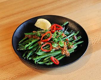 Product: rich and umami-driven, our XO sauce is house-made with cured pork, as well as dried shrimp and dried scallop. served atop roasted haricots verts and finished with fresno chilies, sesame seeds, and green onion. - Sushi San - Reservations in River North - Chicago, IL Japanese Restaurants