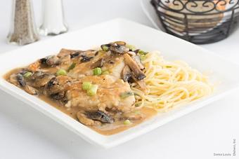 Product: Boneless chicken breast sautéed in marsala wine, green onions and fresh mushrooms, served with pasta. - Swiss Louis in San Francisco, CA Restaurants/Food & Dining