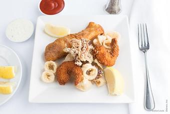 Product: Deep fried calamari, prawns and rock cod. - Swiss Louis in San Francisco, CA Restaurants/Food & Dining
