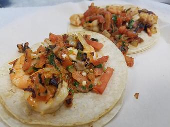 Product: Two Shrimp Tacos! We Grill our shrimp with fresh Pico De Gallo instead of deep frying them. - Taqueria Los Gordos in Redding, CA Mexican Restaurants