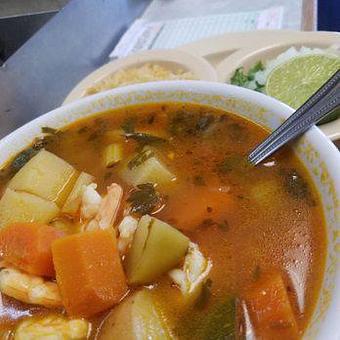 Product: Caldo de Camaron is a vegetable soup with shrimp. It is served with rice on the side, condiments and tortillas. - Taqueria Los Gordos in Redding, CA Mexican Restaurants