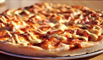 Product: Grilled Chicken, Ham, Onions, Bacon, Cheese and Frenchman Dressing - The 78 Pub @ This Guy's Pizza in Johnston, RI Pizza Restaurant