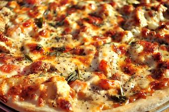 Product: Grilled Chicken, Plum Tomatoes, Onions, Bacon, Cheese, Pepper Ranch Dressing and Fresh Basil - The 78 Pub @ This Guy's Pizza in Johnston, RI Pizza Restaurant