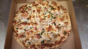 Product: Grilled Chicken, Bacon, Onions, Plum Tomatoes, Cheese and Pepper Ranch Dressing. Topped with Fresh Basil - The 78 Pub @ This Guy's Pizza in Johnston, RI Pizza Restaurant