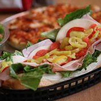 Product: Ham, Provolone, Pepperoni, Plum Tomatoes, Onions, Hot Pepper Rings Lettuce and Italian Dressing - The 78 Pub @ This Guy's Pizza in Johnston, RI Pizza Restaurant