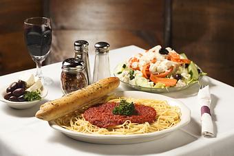 Product: Spaghetti with our home made sauce, served with a dinner Greek salad - The Big Cheese & Pub in Cranston, RI Italian Restaurants