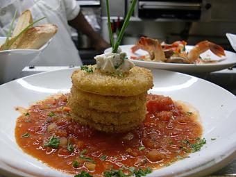 Product: Fried Green Tomato Napoleon - The Brentwood Restaurant & Wine Bistro in Little River, SC European Cuisine