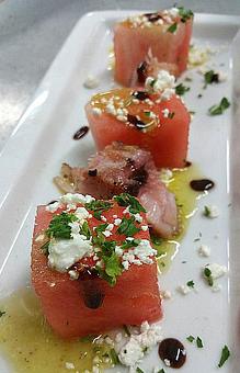 Product: Compressed Watermelon & Pork Belly - The Brentwood Restaurant & Wine Bistro in Little River, SC European Cuisine