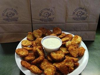 Product: The Shacks Personal Twist of Deep Fried Spicy Pickles served with a side of Ranch - The Elephant Shack in Woodland, CA American Restaurants