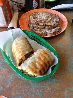 Product: Veggie Burrito with a stack of Blue Berry Pancakes - The Elephant Shack in Woodland, CA American Restaurants