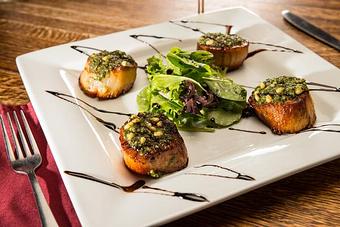 Product: Pesto Crusted Sea Scallops - The Fish House Restaurant in Peoria, IL Seafood Restaurants