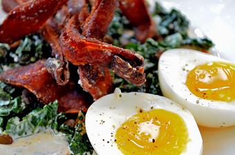 Product: Crispy Pigs’ Ear Salad,
Tuscan Kale, Lentils, 7 Minute Egg,
Rosemary Dressing, Hot Sauce - The Frog & The Peach in New Brunswick, NJ American Restaurants