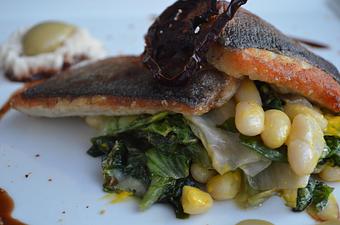 Product: Filet of Bronzino,
Green Olive, Cannellini, Escarole, Saffron, 
Kumato Agrodolce - The Frog & The Peach in New Brunswick, NJ American Restaurants