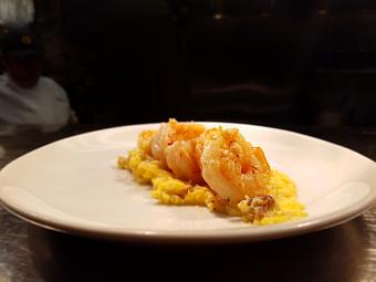 Product: sauteed wild gulf shrimp, Shagbark cheddar & bacon grits, sweet nduja. - The Lakehouse Inn in Geneva-on-the-Lake, OH American Restaurants