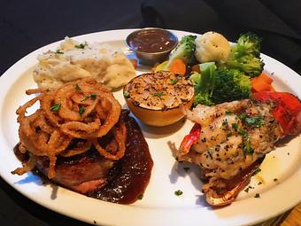 Product: Valentine's Day Special! Broiled USDA Choice Cut Filet Mignon steak and a perfectly steamed lobster tail with two sides of your choice, $25. - The Original Patsy's Irish Pub, Laguna Niguel in Laguna Niguel, CA Bars & Grills