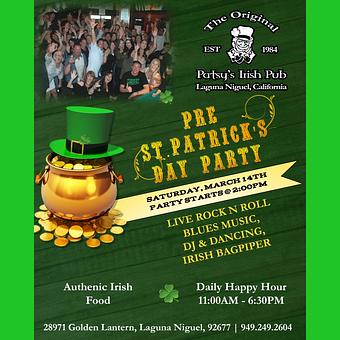 Product: Pre-St. Patty's Day Party, 2PM! Rock N Roll Blues Band, Authentic Irish Food, Happy Hour (11AM - 6:30PM), and Wandering Bagpiper. Sláinte! - The Original Patsy's Irish Pub, Laguna Niguel in Laguna Niguel, CA Bars & Grills