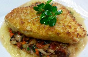 Product: parmesan crusted swordfish, spaghetti squash, wild mushroom bologenese - The Plaza Café in Southampton Village - Southampton, NY American Restaurants