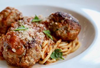 Product: Seasonally inspired menu with daily specials. Pictured: Spaghetti & Meatballs. - The Waterboy in Sacramento, CA American Restaurants