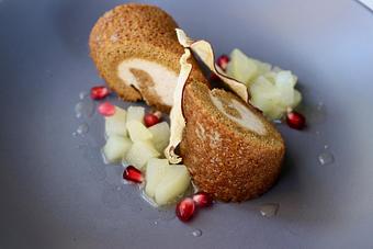 Product: Seasonally inspired menu with daily specials. Pictured: Gingerbread Roulade with Cinnamon Mascarpone, Stillwater Pear Compote - The Waterboy in Sacramento, CA American Restaurants