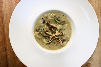 Product: Seasonally inspired menu with daily specials. Pictured: Crushed Potato-Mushroom Soup, Spring Garlic Butter - The Waterboy in Sacramento, CA American Restaurants