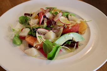 Product: Seasonally inspired menu with daily specials. Pictured: Salad of Baby Beets with Avocado, Citrus, Watercress, Shaved Fennel & Scallop Crudo - The Waterboy in Sacramento, CA American Restaurants