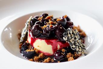 Product: Fromage Blanc Cheesecake with Rhythm & Blueberries Compote, Ginger Cookie Crumb, Sesame Seed Brittle - The Waterboy in Sacramento, CA American Restaurants