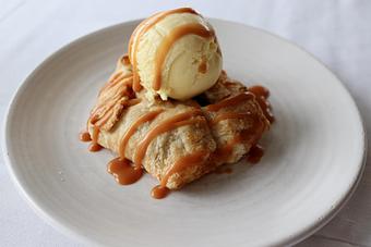 Product: Local Peach Crostata with Sweet Cream Ice Cream, Salted Caramel - The Waterboy in Sacramento, CA American Restaurants