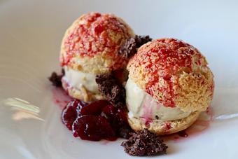 Product: Profiteroles with Coffee Ice Cream, Cherry Compote, Chocolate Crunch - The Waterboy in Sacramento, CA American Restaurants