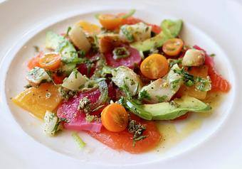 Product: Wild Salmon Carpaccio with Baby Beets, Cucumber, Avocado, Jalapeno, Citronette & Sea Scallop "Salsa" - The Waterboy in Sacramento, CA American Restaurants