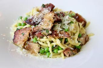 Product: Pappardelle Carbonara: Housemade Egg Noodles, Smoked Pork Belly, Sugar Snap Peas, Egg, Black Pepper & Reggiano - The Waterboy in Sacramento, CA American Restaurants