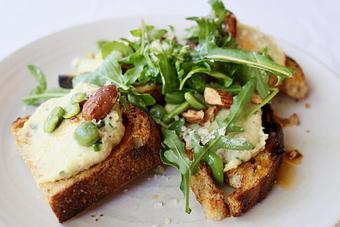 Product: Bruschetta with Artichoke-White Bean Puree, Morels, Lemon, Watercress, Reggiano - The Waterboy in Sacramento, CA American Restaurants