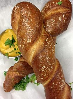 Product: Homemade Pub Pretzels w/Dijon Cheddar Cheese Sauce - The Waterfront Pub and Eatery in Delavan Inlet - Delavan, WI American Restaurants