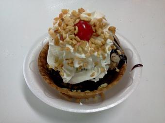 Product: We start with a waffle bowl, add warm brownies, then add mocha almond fudge ice cream, hot fudge, whipped cream, nuts and a cherry!  It is a real crowd pleaser! - The Widow's Walk Ice Creamery & Bicycle Rentals in Clarksville, IN American Restaurants