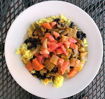 Product: Stewed veggies on rice & black beans. - Tikka Grill in Westlake Village, CA American Restaurants