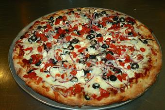 Product: Mediterranean Pizza with Feta cheese, red onions, black olives, and chopped tomatoes - Upper Crust Pizza & Pasta in Westside Santa Cruz - Santa Cruz, CA Pizza Restaurant