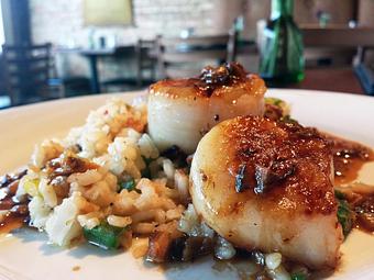 Product: Seared Sea Scallops*
wild mushroom cream
risotto with asparagus and applewood smoked bacon
black truffle oil - Wahoo! Grill in Decatur / Oakhurst / Atlanta - Decatur, GA Seafood Restaurants