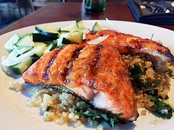 Product: Grilled Scottish Salmon*
honey-citrus glaze
marinated cucumber salad, quinoa tabouli - Wahoo! Grill in Decatur / Oakhurst / Atlanta - Decatur, GA Seafood Restaurants