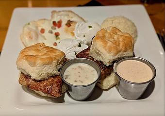 Product: Two biscuits w/ mild BBQ dry rub roasted pork tenderloin
Served w/ two eggs any way and sides of Alabama white sauce & country sausage gravy - Midtown Cafe in Nashville, TN American Restaurants Product: Two biscuits w/ mild BBQ dry rub roasted pork tenderloin
Served w/ two eggs any way and sides of Alabama white sauce & country sausage gravy - Midtown Cafe in Nashville, TN American Restaurants