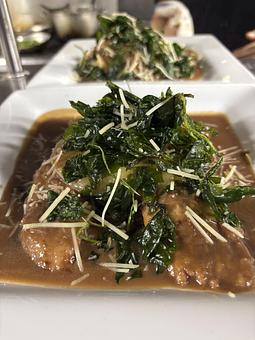 Product: layered with Benton’s Tennessee ham, provolone cheese,
Parmesan cheese and fried spinach over a bed of Yukon gold mashed potatoes with red wine glaze. - Midtown Cafe in Nashville, TN American Restaurants Product: layered with Benton’s Tennessee ham, provolone cheese,
Parmesan cheese and fried spinach over a bed of Yukon gold mashed potatoes with red wine glaze. - Midtown Cafe in Nashville, TN American Restaurants