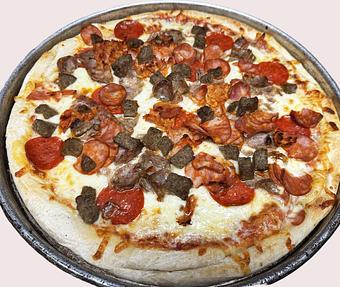 Product: Our traditional cheese pizza topped with pepperoni, meatball, sausage and chourico. - Nikolas Pizza in Newport, RI Pizza Restaurant