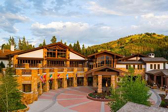 Exterior: Front entry of Stein Eriksen Lodge - Glitretind Restaurant in Deer Valley - Park City, UT American Restaurants