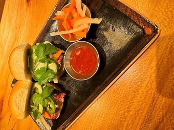 unclassified: Two Umamicue Banh Mi Sliders, side of pickled veg in 1oz ramekin and side of Umamicue BBQ sauce in 1oz ramekin - Ramen San in Chicago, IL Japanese Restaurants