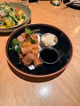 unclassified: fried filipino pork spring roll bites served with truffle soy vinegar and pickled daikon - RAMEN-SAN Whisky Bar in Fulton Market - Chicago, IL Japanese Restaurants