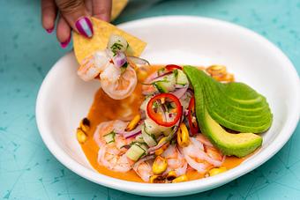 Product: GUAVA AND HABANERO AGUACHILE, CUCUMBER, JICAMA, RED ONION, FRIED CANCHA CORN AND AVOCADO. - Red Mesa Cantina in Downtown St Petersburg - St Petersburg, FL Mexican Restaurants