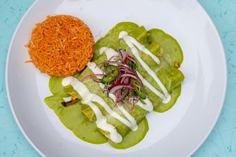 Product: POBLANO CREAM SAUCE, QUESO FRESCO, CILANTRO CREMA AND PICKLED RED ONIONS. SERVED WITH MEXICAN RICE. - Red Mesa Cantina in Downtown St Petersburg - St Petersburg, FL Mexican Restaurants