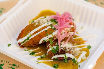 Product: Salsa verde frita, pickled red onions, cilantro-onion, queso fresco, crema. - Red Mesa Mercado in St. Petersburg, FL Mexican Restaurants