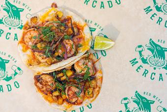 Product: Shrimp, Cheddar Monterey Jack cheese, grilled red onion, pineapple, salsa macha, cilantro. - Red Mesa Mercado in St. Petersburg, FL Mexican Restaurants